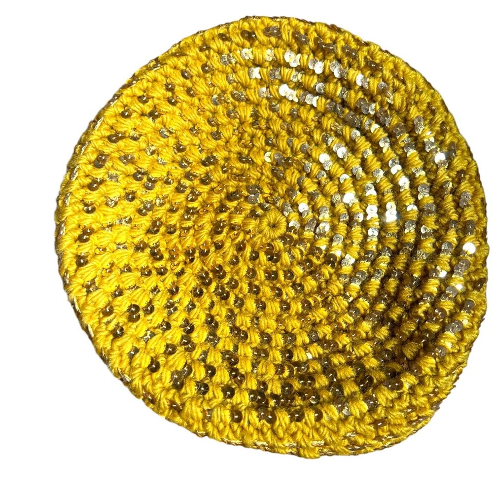 Vintage 70s Yellow Gold Knit Sequin Slouch Beret